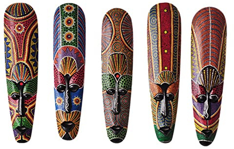 Väggbonad i trämask, massivt träsnideri, målad väggdekor, bar, heminredning, afrikansk totemmask, hantverk, B 1