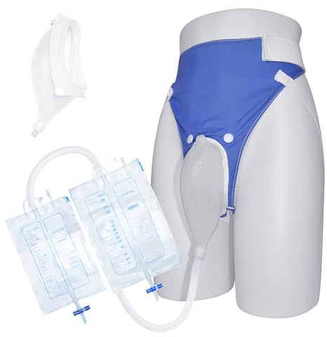 Wearable Urine Collector with Breathable Cotton Fixing Pants Urinary Drainage Bag Set with 2000ml Night Bag 1000ml Day Bag Silicone Urine Catching Capsule and 1.2M Catheter, Elderly Blue