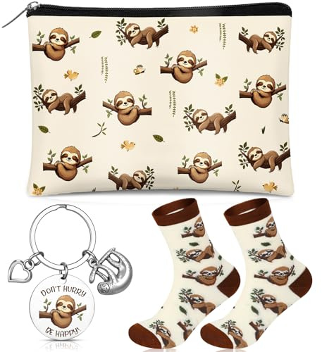 Hestya 3 Coffret Cadeau Paresseux pour Femme Trousses de Maquillage Animaux Chaussettes Porte-Clés pour Les Amoureuses des Paresseux Amies Filles Épouses Sœurs Petites Amies Noël Anniversaire