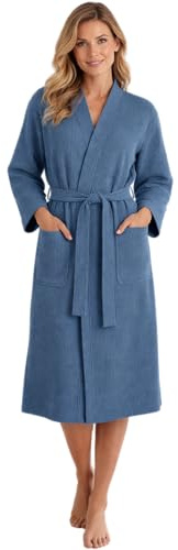 Morgenstern Bademantel Damen Leicht 100% Baumwolle OEKO-TEX® Waffelstoff Waffelpique Waffelmuster Paula Blau M