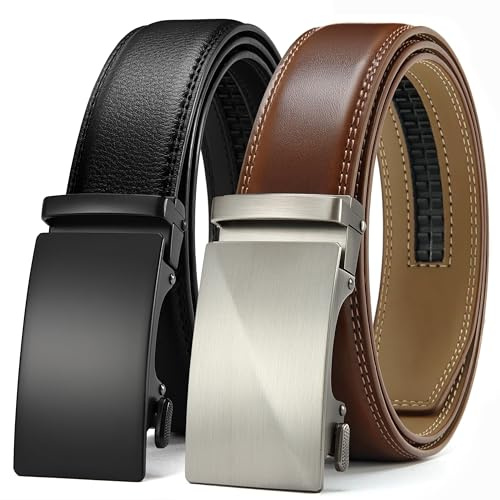 CHAOREN Leather Belts for Men 2 Pack, Ratchet Mens Belt 1 3/8 in Gift Box | Hole-Free Micro-Adjustment, Trim to Your Exact Fit, Effortless to Use, for Business, Jeans & Casual, Gift-Ready Packaging