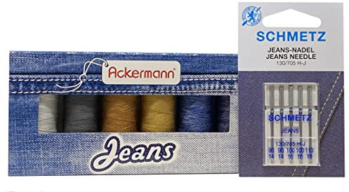 ZickZackNaehmaschine Ackermann Jeansgarn-Set + Schmetz Jeans Nadel-Sortiment