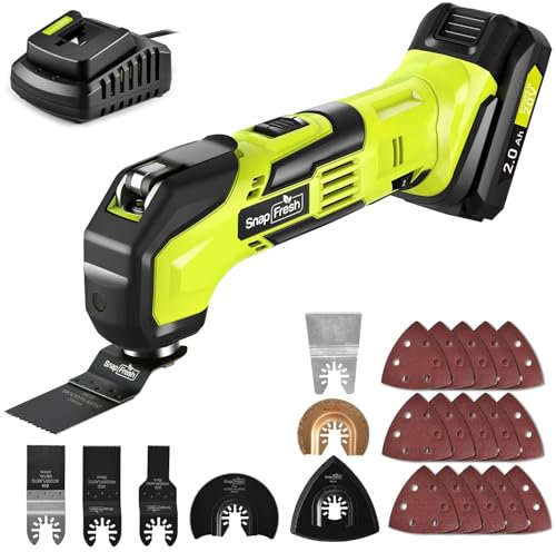 SnapFresh Outil Multifonction Outils Oscillant sans fil 20V Multi-cutter avec 6 vitesses 5000-18000 OPM, angle d'oscillation de 3,2°, 22 accessoires, batterie 2,0Ah et chargeur rapide
