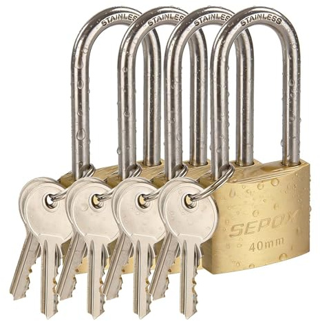 SEPOX® Vorhängeschlösser gleichschließend, 40 mm, wetterfestes Vorhängeschloss, massives Messingschloss, Edelstahlbügel, Schlösser für Spind, Rucksack, Werkzeugkasten (4, 4Stück 40mm langem)