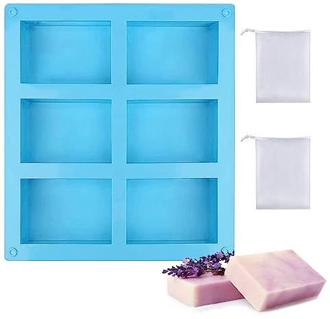 6 Pezzi Stampi per Saponette, Stampi in Silicone per Sapone Rettangolare, con 2 Maglie Schiumose, per Stampi per Sapone fai da te