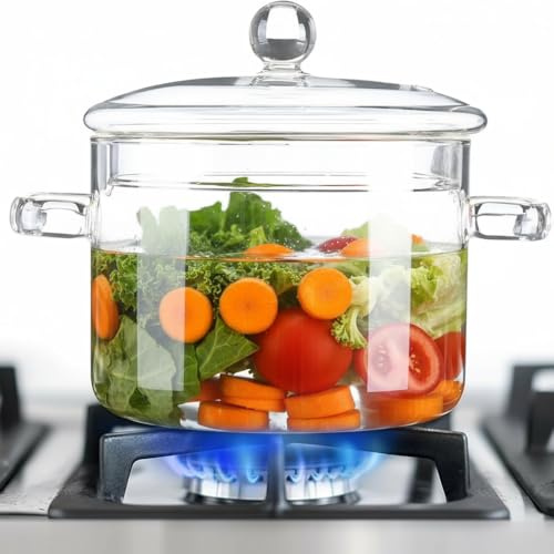 Clear Glass Simmer Pots for Cooking on Stove, Glass Stew Soup Cooking Pot With Lid Kitchen Thickened Stockpot Large Serving Bowl Simmer Pot for Stove (1.35L / 46 OZ)