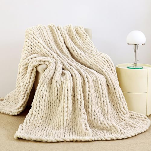 Admitrack Chunky Knit Blanket Throw 51x63, 100% Hand Knit Chenille Throw Blanket for Sofa & Home Decor, Soft and Cozy Knitted Throw Blankets (Ivory，51x63)