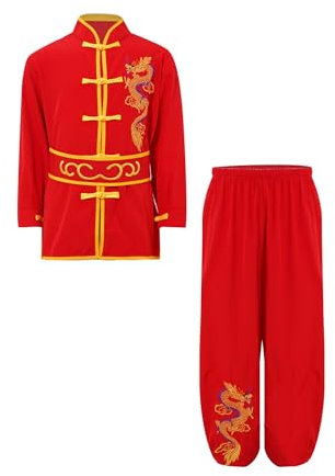 Zaldita Jungen Tai-Chi Kleidung Anzug Langarm Kung Fu Shirt mit Wushu Hose Taiji Qigong Wing Chun Shaolin Training Uniform Rot 146-152