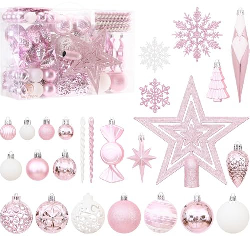 Sea Team Juego de 130 adornos surtidos de bolas de Navidad de plástico inastillables, bolas decorativas, colgantes, decoraciones con estrella para árbol de Navidad, corona, guirnalda (rosa)