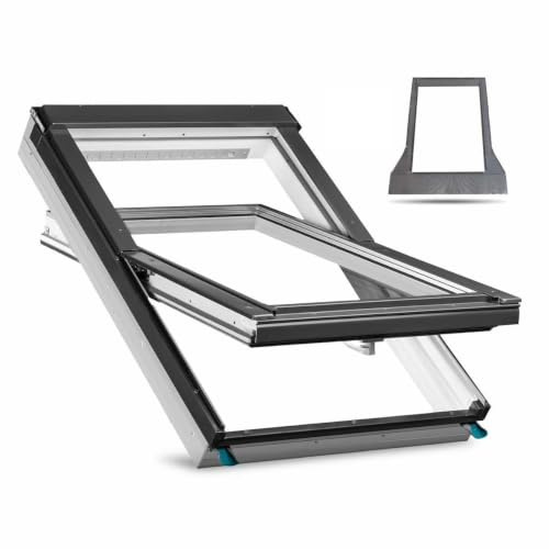 BAUBAY Ventana de techo de plástico PVC de 66 x 118 cm. Ventana con triple acristalamiento y ventilador regulable. Incluye marco para ladrillo, nivel de ladrillo, cola de castor (hasta 45 mm) + marco
