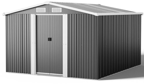 XEMQENER Large Garden Storage Shed with Base, 10x8 FT Metal Garden Shed with Door and Roof, Lockable Outdoor Storage House for Gardening Tools, Gardening Equipment, Bike, 257x312x178cm, Black