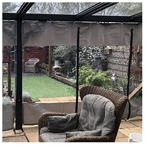 Transparente Outdoor-Planen-Vorhänge, wasserdichte Plane mit Reißverschlusstür, robuste Pavillon-Seitenteile für Pergola, Terrasse, Veranda, Grau, 5 x 2,5 m