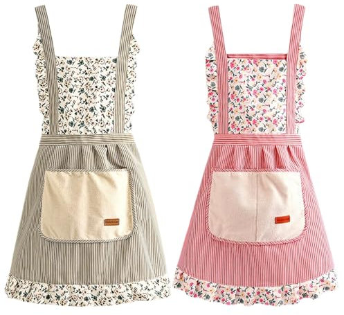 Hwtcjx 2 Piezas Delantal Antiincrustante y Ajustable, Delantal de Cocina, Mandiles con Bolsillos para Cocinar y Hornear para Mujeres, Hombre y Pareja, Florales a Rayas (Verde, Rosa)