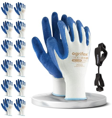 FUZZIO 12 Paar Arbeitshandschuhe Herren Gr 9, Mechaniker Handschuhe Weiß, Gartenhandschuhe Herren, Arbeitshandschuhe Damen, Montagehandschuhe, Latex Beschichtung mit Handschuhclip