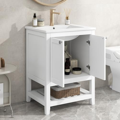 A ALFRESCOOL Mobile da bagno singolo con base 60 cm con lavabo in ceramica, bianco