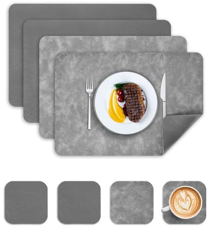 Placemats and Coasters Set of 4, PU Leather Heat-Resistant Table Mats Dual-Sided Waterproof Washable Non-Slip Place Mats for Kitchen Table (Gray Dark Gray)
