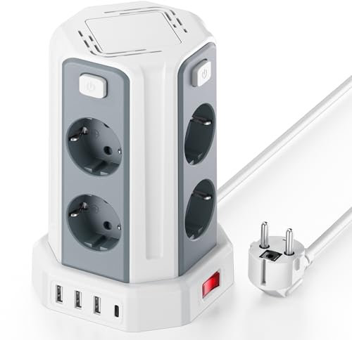 Tour Multiprise avec Interrupteur, Multiprise Parafoudre et Surtension avec 8 Sortie AC et 4 Ports USB(Max 5V/3.4A) Prise Multiple Rallonge Electrique 2M Convient pour Maison, Bureau, Blanc