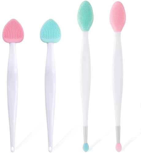 Mxxipp 4pcs Lip Scrub Brush, Silicone Heart Lip Exfoliator Brushes Scrubber Tool, Double-Sided Oval Lip Cleaning Exfoliating Remove Dead Skin Tool for Men Women Dark Lips- Pink & Green