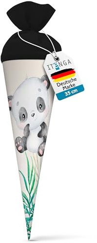 itenga Cornet d'école pour frères et sœurs - 35 cm - Avec fermeture en feutre - Petit sac d'emballage cadeau - Rentrée scolaire (motif panda)
