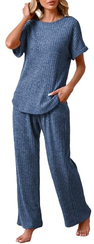 Famulily Ribbed Loungewear Sets for Women Short Sleeve Homewear Wide Leg Casual Trousers and Matching Top,Pyjamas Set with Pockets