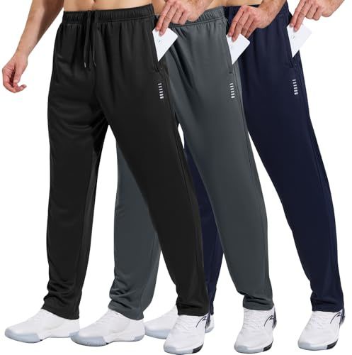 HUAKANG 3 Pack Mens Tracksuit Bottoms Breathable Joggers with Zip Pockets