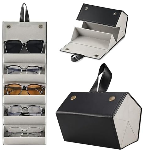 CHSEROK 5 Compartimentos Negro Estuche Gafas, Funda de Gafas-Rigida, Organizador-Gafas Colgante | Fabricado en Cuero, para Guardar Gafas o como Regalo