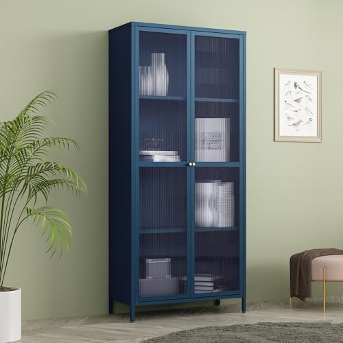 [en.casa] Armoire Vitrée Bibliothèque avec Portes Étagère Moderne Vaisselier Élégant pour Salon Cuisine Bureau Salle à Manger Acier Verre 180 x 80 x 35 cm Vert Sapin
