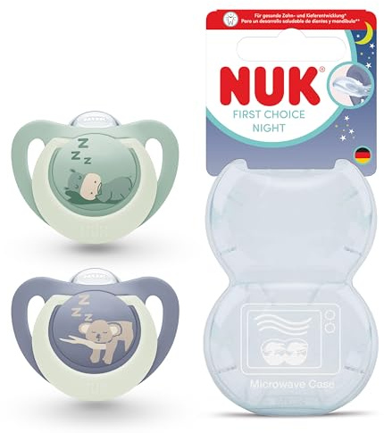 NUK First Choice Night Baby Dummies | 18-36 Months | Orthodontic Soothers that Glow in the Dark | Soothes 99% of Babies** | Hippo & Koala | 2 Count