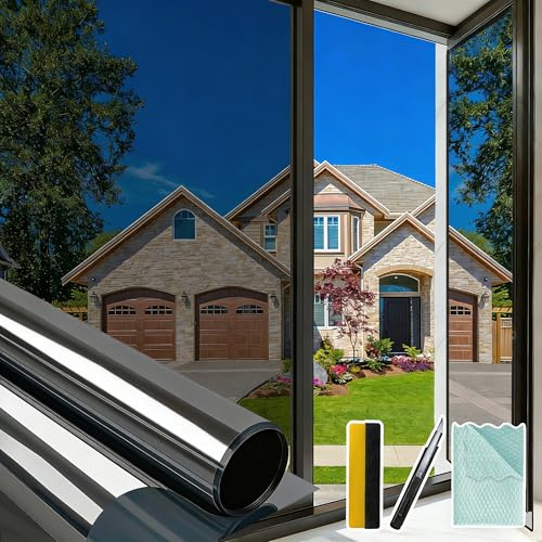 Bloss One Way Privacy Window Film, Reflective Window Tint for Home, Daytime Privacy Film See Out Not in, Sun Blocking Anti UV Windows Coverings with 3 Tools (Black Silver, 17.7x78.7)