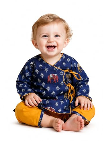 A.T.U.N. (ALL THINGS UBER NICE) Dhoti Kurta Cotton Printed Baby Boy Set | Festive Ethnic Clothing Set Made of Soft Breathable Fabric | Comfortable Indian Traditional Outfit, Navy blue, 0-6 mois