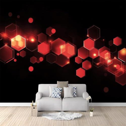 Fotomurales - Papel pintado Cuadros de pared 3D rojos luminosos con geometría, impresión 3D para sala de estar y dormitorio, papel tapiz con motivos, 350 cm x 256 cm. Poster - Adhesivo para pared - Cu