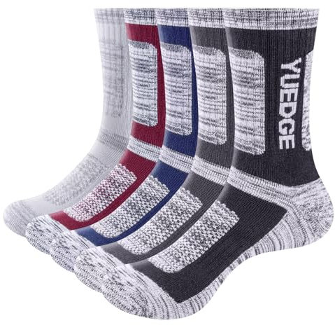 YUEDGE Men's Moisture Wicking Breathable Cushioned Casual Crew Socks Multi Performance Hiking Trekking Walking Athletic Sports Socks For Men 6-10, 5 Pairs