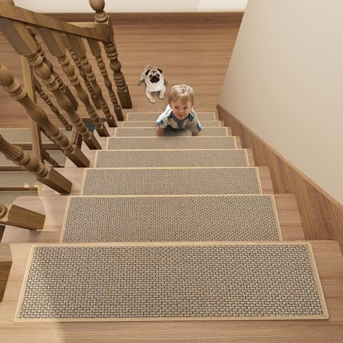 Stair Treads Carpet 15 pcs for Wooden Steps with Non Slip Rubber Backing, 100% Polyester Soft Stairs Resistant Indoor Skid Runner Safety Rugs for Kids Elders and Pets 30 * 8 (Brown)