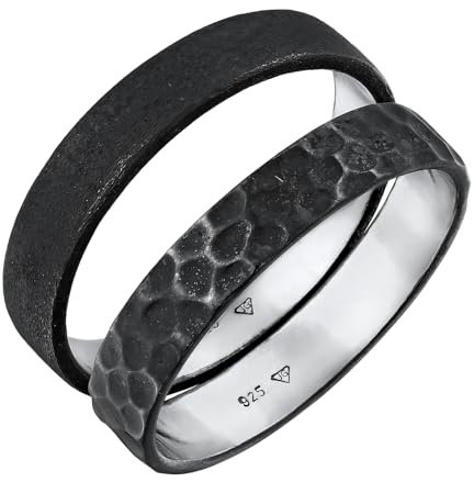 Kuzzoi Herrenringe 925 Sterling Silber oxidiert 2 Stück Bandringe für Männer Basic und Hammerschlag Look Silberring Set Herren Ringgröße 60