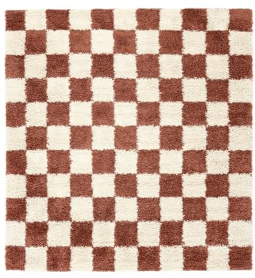 RugVista Chessie Matta, 200 x 200 cm, Rost/Off Vit | Moderna, Kvadratisk, Medellång lugg, Endast kemtvätt, Oeko-Tex 100, Vardagsrum, Sovrum