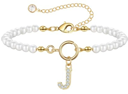 TINGN Armbänder mit Buchstaben - Perlenarmband 18K Gold Gefüllte Gold Buchstaben J Armband Initiale Charm Armband Schmuck Hochzeitsgeschenk Brautjungfern Geschenke für Frauen Mädchen