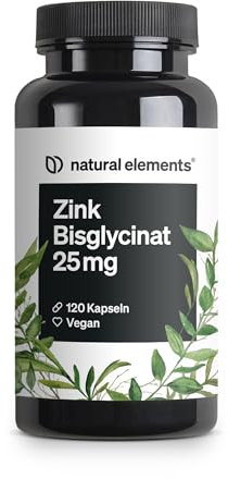 natural elements Zink Kapseln - 120 Stück - 25mg pro Kapsel - gut verträgliches Zinkbisglycinat (Zink-Chelat) – Alternative zu Tabletten - vegan, hochdosiert, ohne unnötige Zusätze