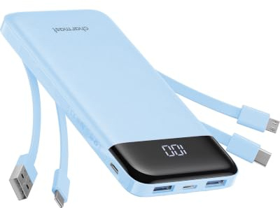 Charmast Power Bank with Built in Cables X 4, 10000mAh Portable Charger 6 Outputs 3 Inputs Travel Essentials, LED Display Type C Powerbank, Slim USB C Battery Pack Compatible with iPhone17/Samsung etc