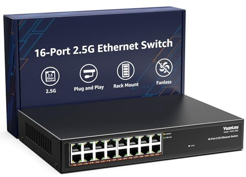YuanLey 16 Port 2.5GB Umanaged Ethernet Switch, 16 x 2.5G Base-T Ports, Compatible with 100/1000/2500Mbps, Metal Fanless, Desktop/Rack Mount YuanLey 2.5 Gigabit Network Switch for Wireless AP, PC