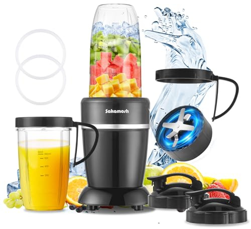 SAKAMOSH 1200W Personal Blender for Shakes and Smoothies, 12-Piece Portable Blender Combo with 6-Fin Blades, 2 To-Go Cups for Juices, Frozen Drinks, Baby Food & More