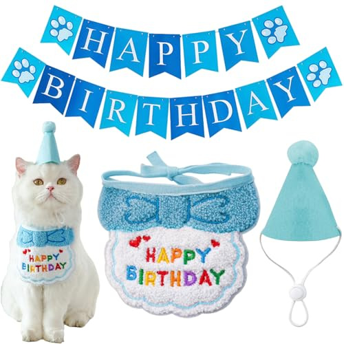 SSKHE Set di Cappello, Sciarpa e Striscione per Compleanno di Cane e Gatto, Abbigliamento e Accessori Bandana per Cane e Gatto di Piccola Taglia, Mini Cappelli di Festa per Animali Giocattolo, Outfit