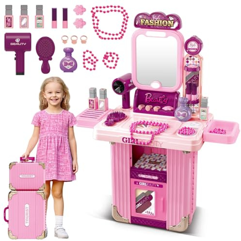BAKAJI Playset Trolley Postazione Trucco 2 in 1, Giocattoli Realistici per Bambini con Tantissimi Accessori Make-Up, Valigetta Trucchi Portatile, Toeletta Gioco Educativo, Idea Regalo