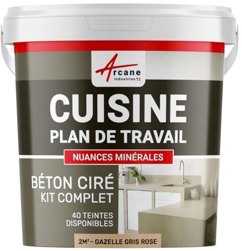 Béton ciré cuisine, plan de travail, crédence, évier, sol et mur, revêtement mural décoratif, kit complet - 2 m² (en 2 couches) Gazelle Gris Rose - ARCANE INDUSTRIES