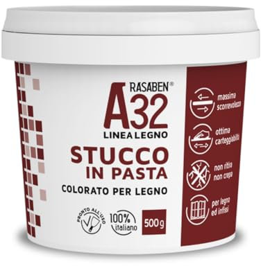 RASABEN - Stucco in Pasta A32 Color Noce Chiaro, Specifico per Legno, Pronto all'Uso, Ottima Carteggiabilità, Non Ritira o Crepa, per Mobili e Infissi, Uso Interno, Made in Italy, Barattolo da 0,5kg