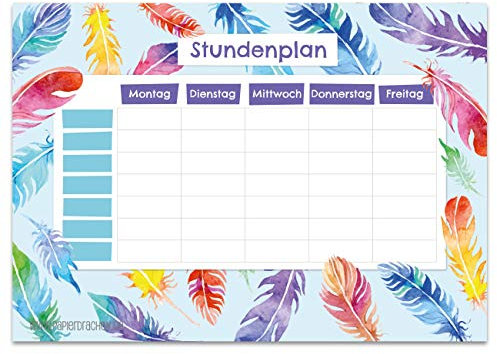 Papierdrachen Stundenplan DIN A4 Block - Motiv Federn - beschreibbar und ideal als Geschenk für Schule oder Uni - Terminkalender und Wochenplan für Jugendliche und Erwachsene