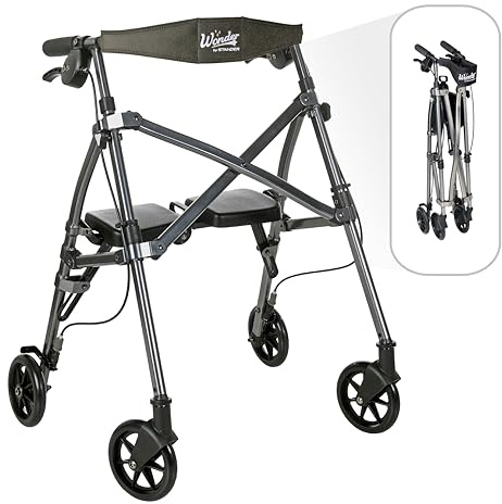 Stander Wonder Rollator Short, Lightweight Junior Folding Walker for Seniors and Adults, Travel Space Saver Rollator, Petite Walker with Wheels and Seat, Black Walnut