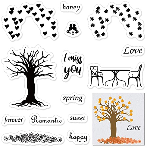 Hying Valentines Love Trees Clear Stamps for Card Making Photo Album Decorations, Heart Love Words Stamps Trees Chairs Transparent Rubber Stamps Seal for DIY Scrapbooking Supplies