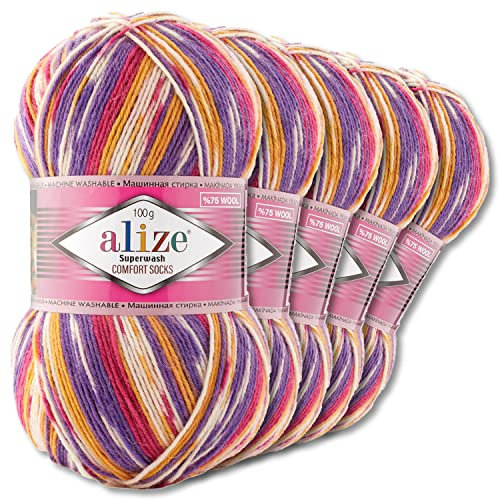 Wohnkult Alize Superwash Comfort 7655 - Gomitolo di lana per calze, 5 x 100 g, 33 colori a scelta