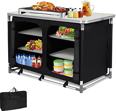 YRHome Campingküche Outdoor Camping Küche Campingschrank Reiseküche mit Aluminiumgestell Tragetasche Küchenbox Zeltschrank Faltschrank Stoffschrank (6 Fächer & 1 Tisch)