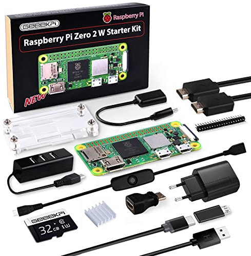 GeeekPi Starter Kit für Raspberry Pi Zero 2 W with RPi Zero 2 W Case, 64GB SD Card Preloaded OS, QC3.0 Power Supply, 20 Pin Header, Micro USB to OTG Adapter, HDMI Cable, Heatsink, ON/Off Switch Cable